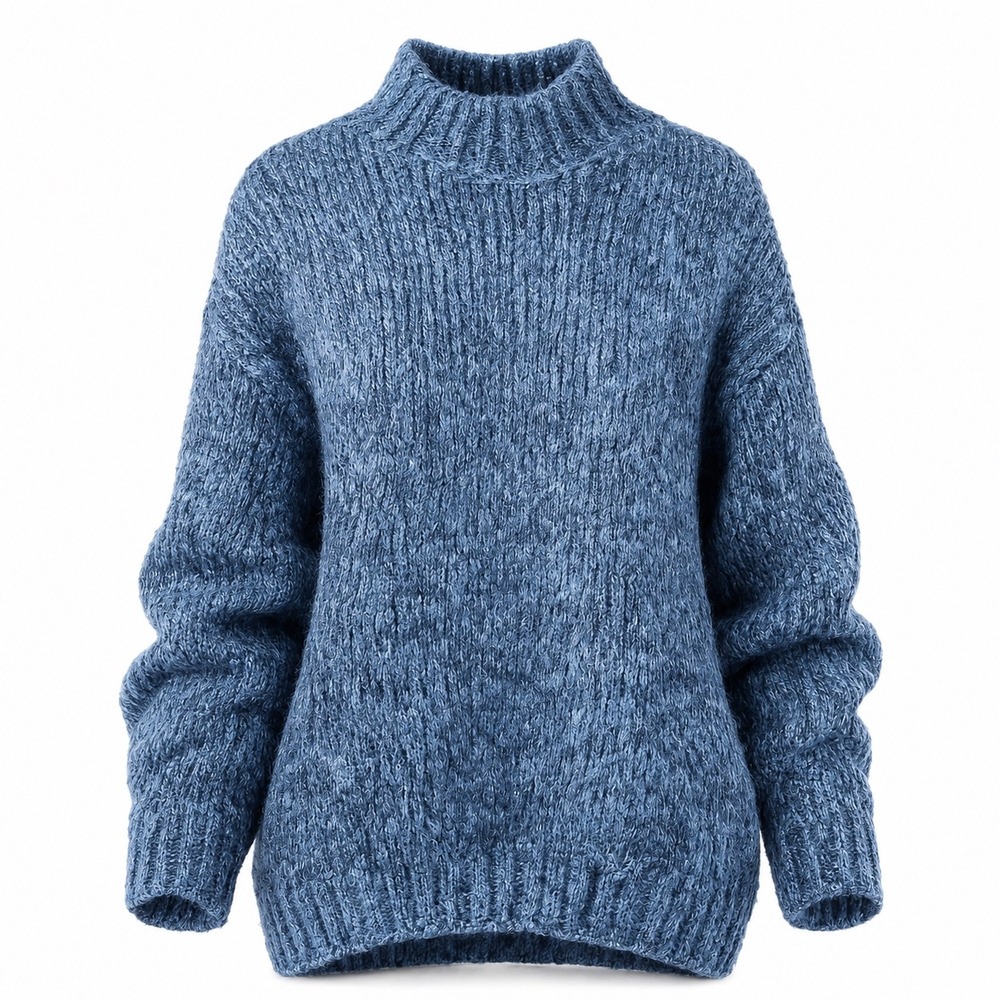 Knit Mix Mock Neck Sweater L Blue Chunky Cable Knit Gorpcore Coastal Grandma